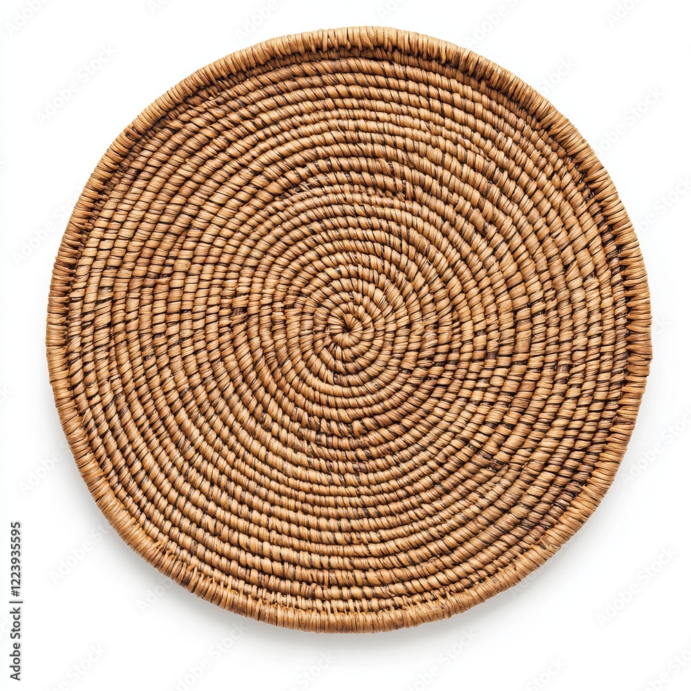 Fototapeta premium Round woven seagrass tray, handcrafted, natural texture, isolated on white background.