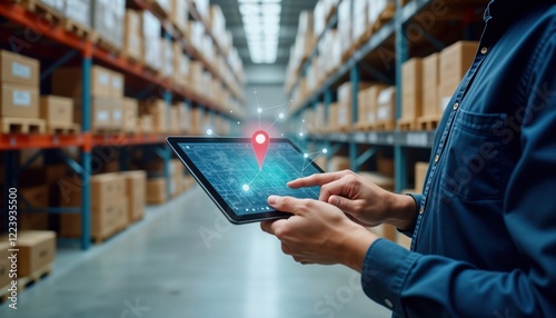 Man in warehouse uses tablet to navigate. Tablet shows warehouse map with highlighted location. Modern tech for inventory management. Person in blue shirt. Warehouse full of boxes. Logistics supply photo