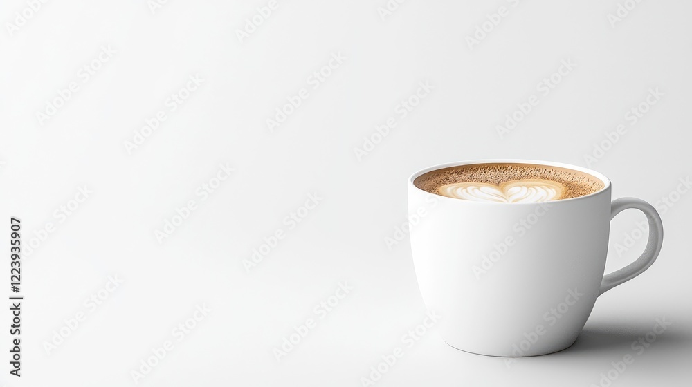 Latte art coffee cup, minimalist white background, cafe setting, beverage menu design Latte art coffee cup, minimalist white background, cafe setting, beverage menu design
