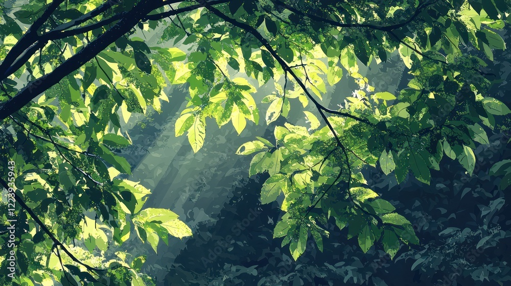 A lush green forest canopy with sunlight filtering through the leaves.