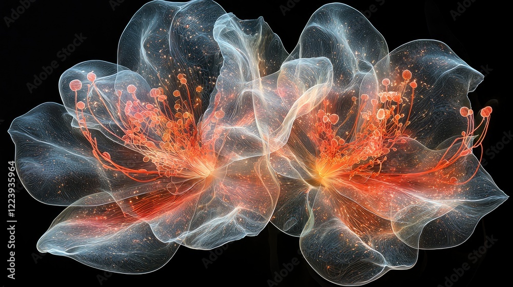 Two luminous flowers glow with fiery orange centers Two luminous flowers glow with fiery orange centers