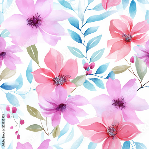 Cute  pink and turquoise watercolor floral watercolor seamless pattern. Watercolor print in rustic vintage style, textile or wallpapers.