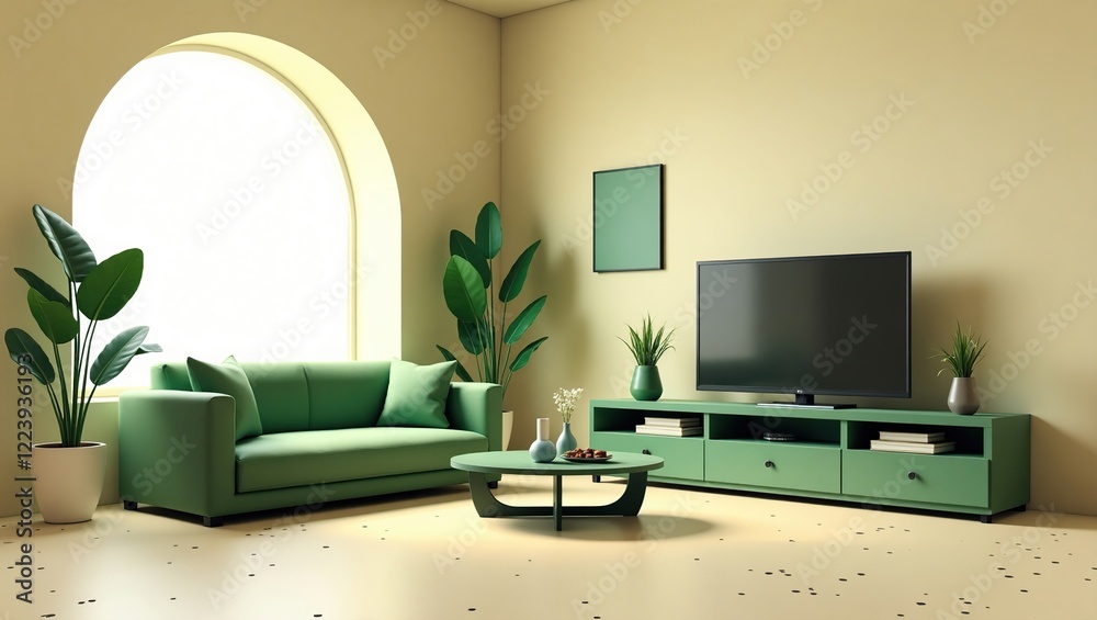 Fototapeta premium Modern Green Living Room Interior Design With Plants