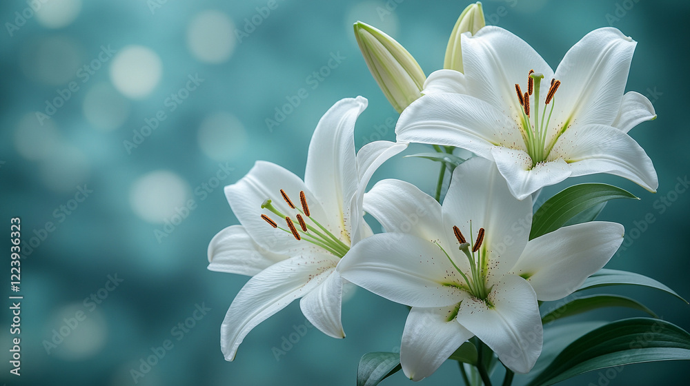 Fototapeta premium A bouquet of white lilies against a light background with space for text, minimalistic, bright tone, modern blurred backdrop, and empty caption space on the side