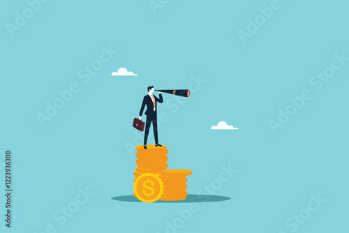 A Visionary Entrepreneur, Standing on a Pile of Gold Dollar Coins, Gazing into the Future with a Telescope