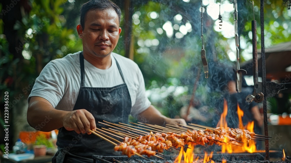 A grill master wearing an apron, grilling skewers at an outdoor party