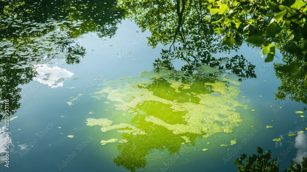A patch of green algae floating in clear water with sunlight filtering through