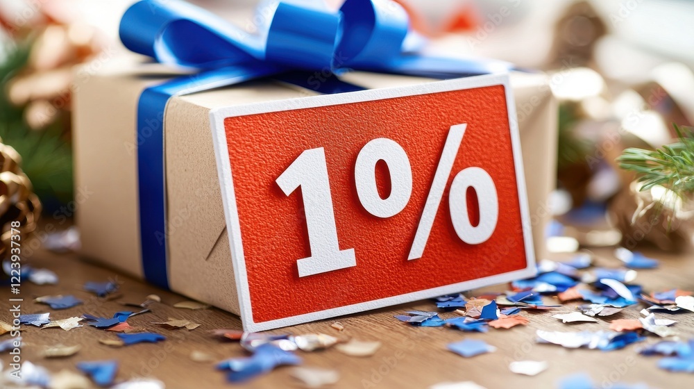 Obraz premium A festive gift box with a blue ribbon displaying a promotional sign indicating a 10% discount. Perfect for holiday marketing and special sales.