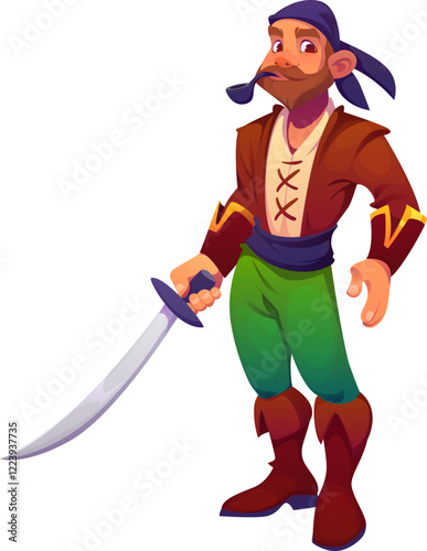 Pirate sailor or corsair captain character with sword saber and smoking pipe, cartoon vector. Caribbean pirate skipper or boatswain corsair and filibuster man in bandana for treasure island character