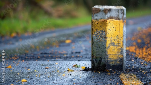 Concrete Bollard: A thick, solid concrete post used for guiding traffic or shielding pedestrians, offering a practical solution for urban safety and traffic control.
 photo