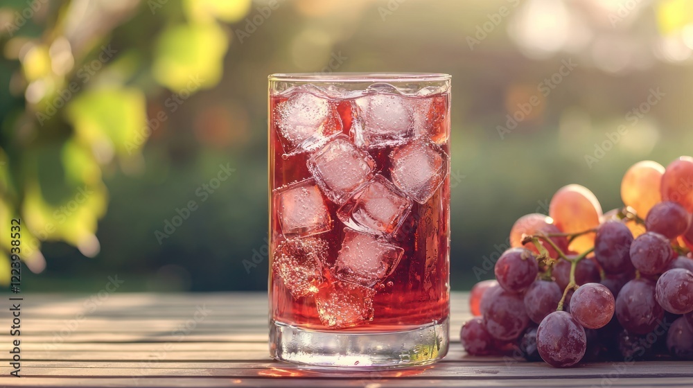 A refreshing glass of chilled grape juice with ice cubes on a sunny table.