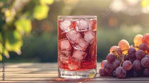 Obraz na płótnie A refreshing glass of chilled grape juice with ice cubes on a sunny table. w salonie