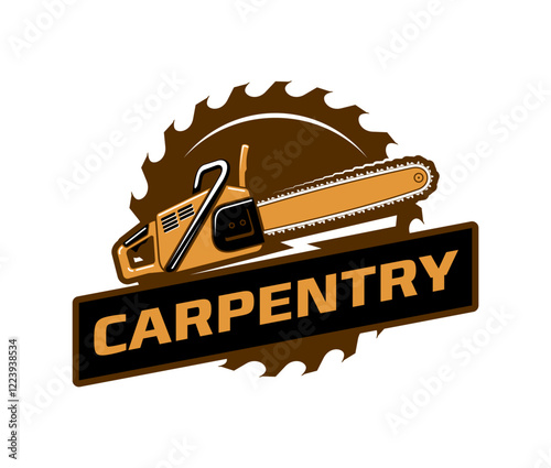 Carpentry icon for woodwork carpenter and handyman construction service, vector emblem. Carpentry icon of electric saw and blade for woodwork, lumber construction and woodcraft carpenter workshop