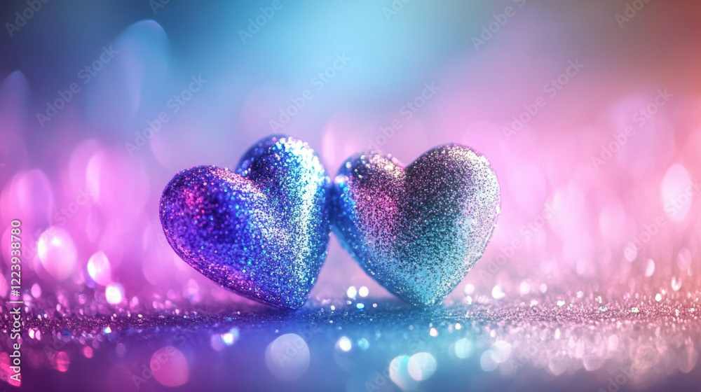 Fototapeta premium Two glittery hearts on colorful bokeh background