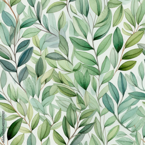 Cute pastel green leaves pattern, white background watercolor seamless pattern. Watercolor print in rustic vintage style, textile or wallpapers.