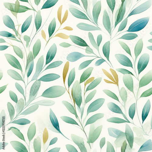 Cute pastel green leaves pattern, white background watercolor seamless pattern. Watercolor print in rustic vintage style, textile or wallpapers.