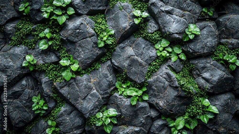 Lush green plants growing on dark basalt rock wall Lush green plants growing on dark basalt rock wall