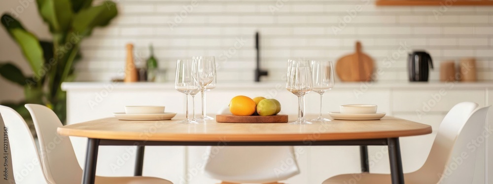 Elegant Dining Table Set with Fresh Fruits and Glasses in Modern Kitchen Interior Design Elegant Dining Table Set with Fresh Fruits and Glasses in Modern Kitchen Interior Design