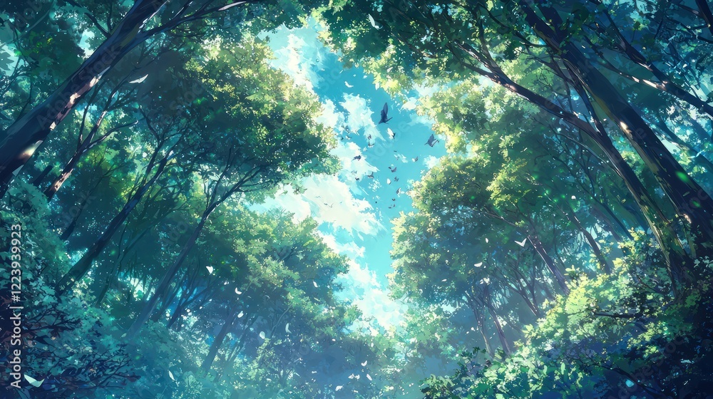 A serene view of a thick green forest canopy from below, with dappled light.