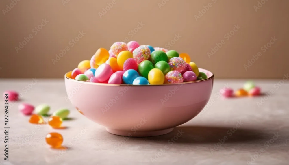 A bowl of colorful candy on stone table. A bowl of colorful candy on stone table.