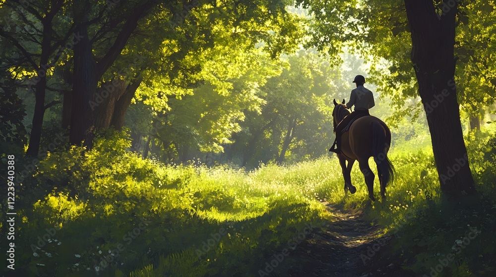 A serene scene of a person riding a horse through a sunlit forest path, surrounded by lush greenery and peaceful nature. A serene scene of a person riding a horse through a sunlit forest path, surrounded by lush greenery and peaceful nature.