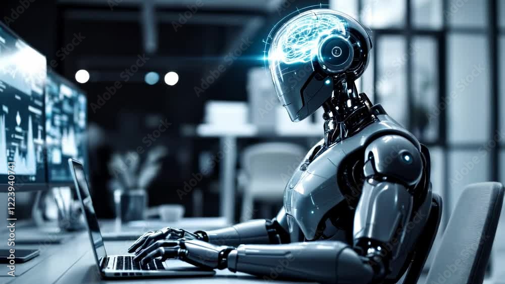 Futuristic Robotic Assistant at Work Analyzing Complex Data Visualizations in Modern Office Setup Futuristic Robotic Assistant at Work Analyzing Complex Data Visualizations in Modern Office Setup