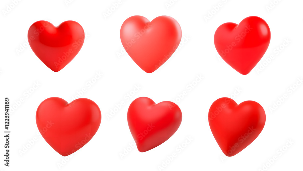 Set of 3D Red Hearts with Soft Glossy Finish Isolated on White Background

