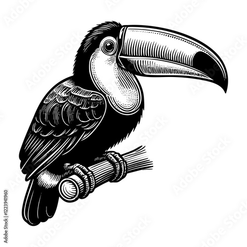 Toucan on wood engraving black and white outline. Scratch board imitation.  illustrated in vintage line art style on a white background.
