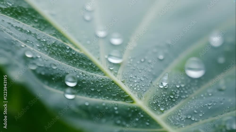 Macro View of Fresh Green Leaf with Dew Drops, Capturing Nature's Beauty and Detail in a Natural Environment, Perfect for Eco-Friendly Themes and Designs Macro View of Fresh Green Leaf with Dew Drops, Capturing Nature's Beauty and Detail in a Natural Environment, Perfect for Eco-Friendly Themes and Designs