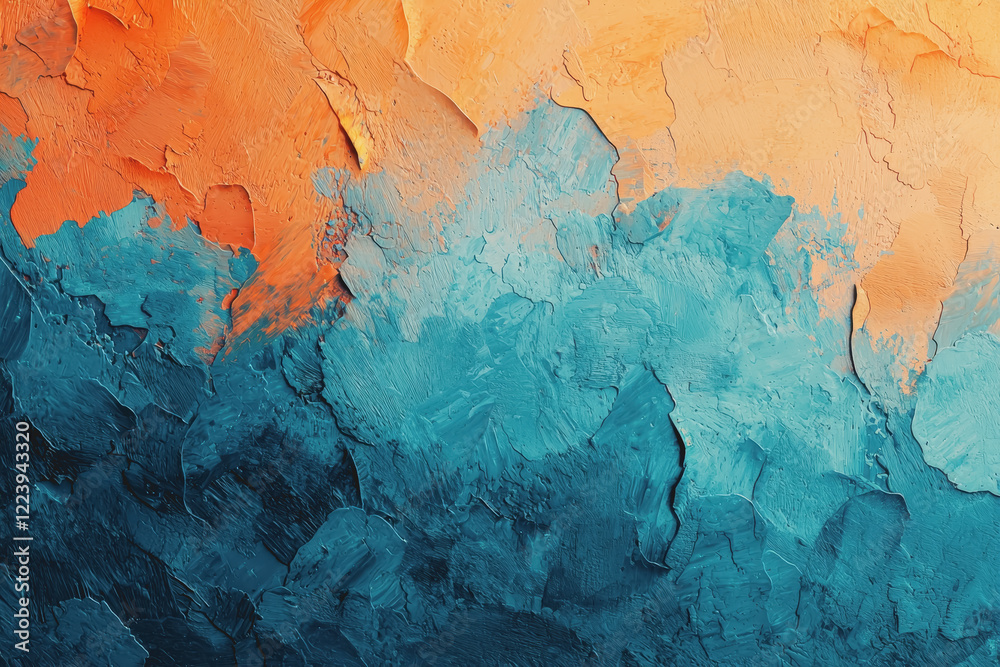 Fototapeta premium Abstract painting featuring vibrant orange and blue colors with a fluid design and dynamic shapes on a textured canvas background