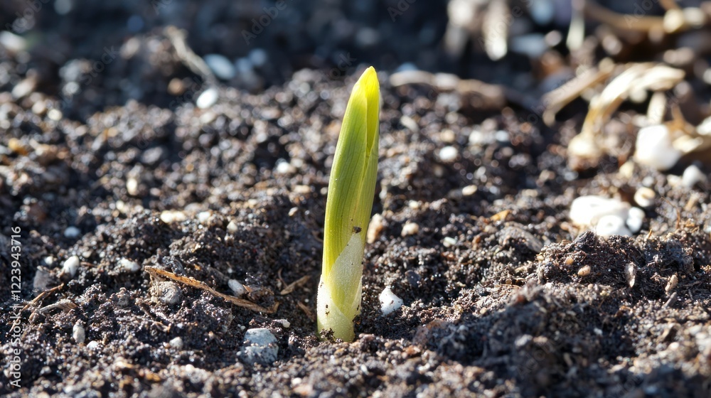 A small sprout emerging from the soil in a sunlit garden