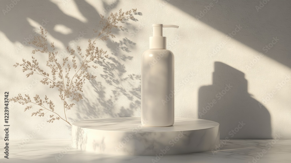Polished podium presentation of a crme lotion bottle, with a refined aesthetic, soft textures, and gentle lighting for an upscale feel