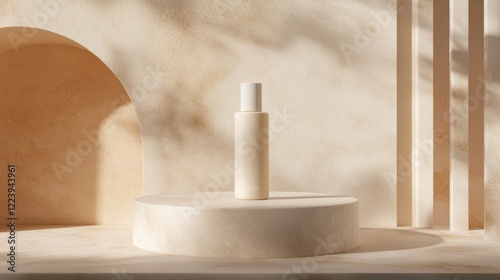 Polished podium presentation of a crme lotion bottle, with a refined aesthetic, soft textures, and gentle lighting for an upscale feel