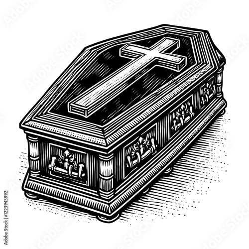 Coffin engraving black and white outline. Scratch board imitation.  illustrated in vintage line art style on a white background.

