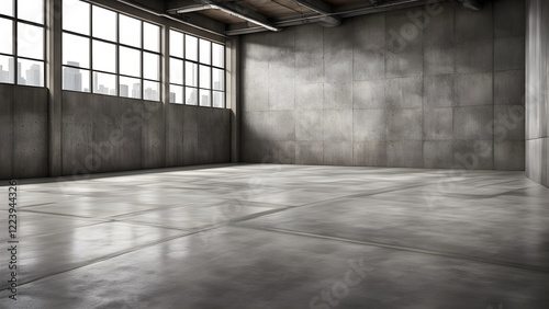 Modern, minimalist empty industrial space with large windows overlooking a cityscape.