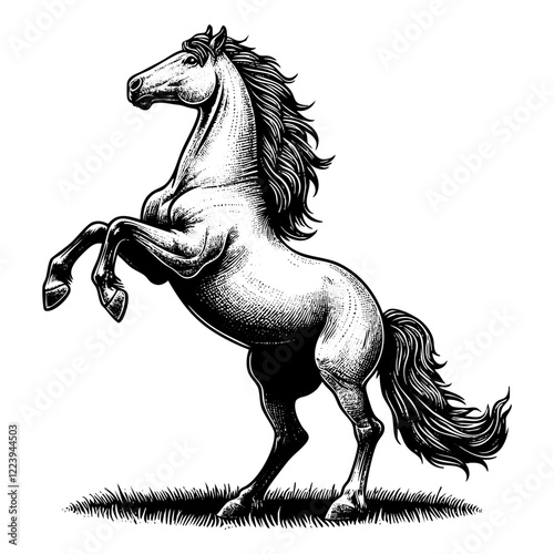 Horse rearing up engraving black and white outline. Scratch board imitation.  illustrated in vintage line art style on a white background.
