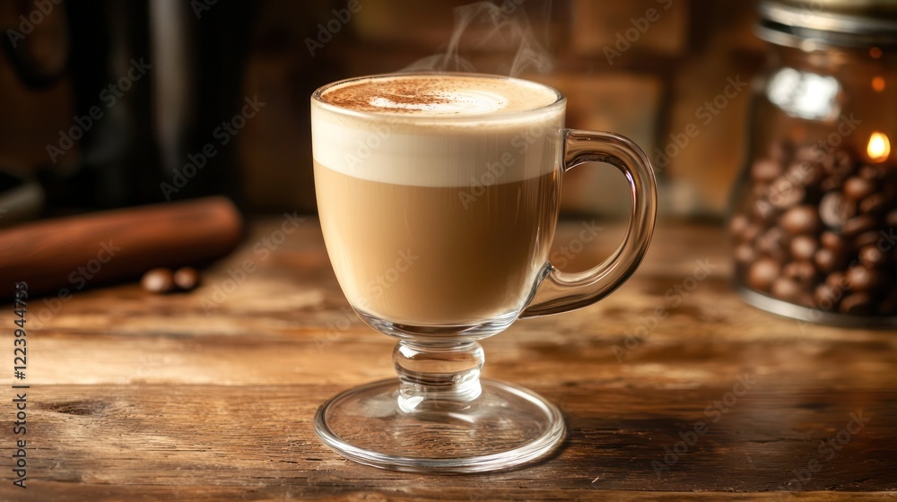 A steaming glass of coffee placed on a wooden table with a cozy ambiance.
