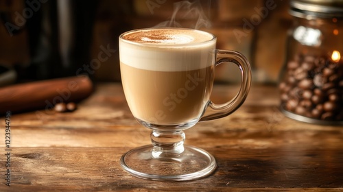 Obraz na płótnie A steaming glass of coffee placed on a wooden table with a cozy ambiance. w salonie