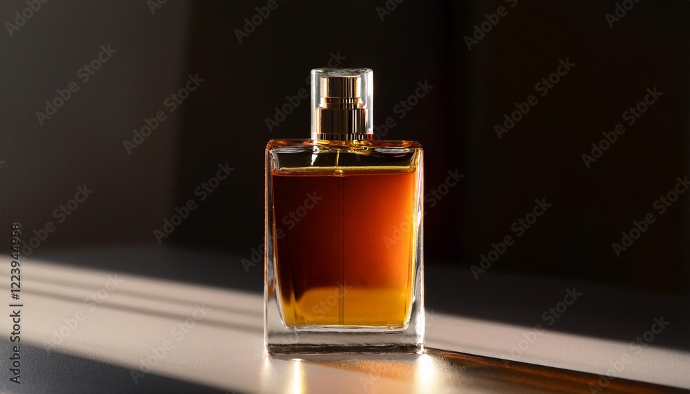 Elegant Blank Perfume Bottle Mockup with Amber Liquid in a Warm Temperature. Perfume with Dark Background Background and Natural Daylight. Elegant Blank Perfume Bottle Mockup with Amber Liquid in a Warm Temperature. Perfume with Dark Background Background and Natural Daylight.