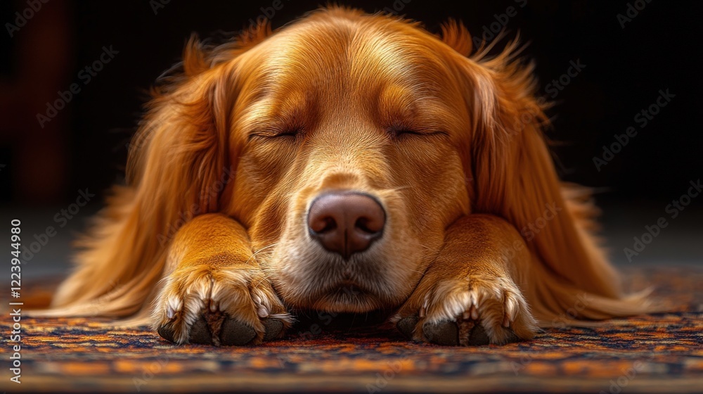 Relaxed Golden Retriever with Closed Eyes Resting on a Colorful Rug, Capturing the Essence of Serenity and Comfort in a Cozy Indoor Setting Relaxed Golden Retriever with Closed Eyes Resting on a Colorful Rug, Capturing the Essence of Serenity and Comfort in a Cozy Indoor Setting
