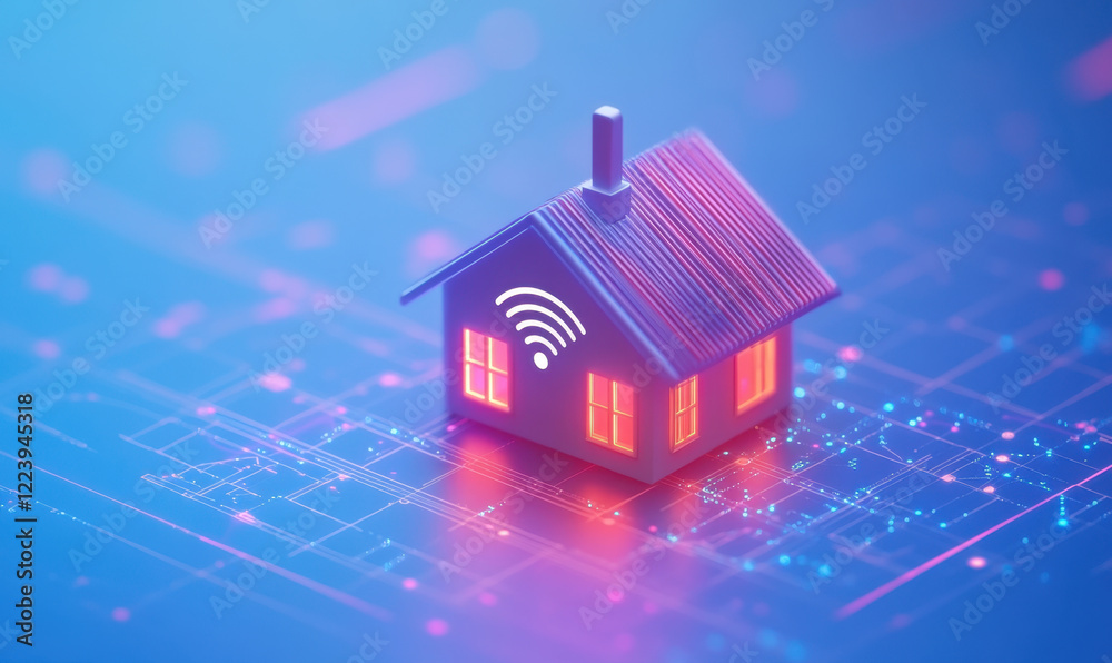3D illustration of smart home with wireless signal icon, showcasing modern technology and connectivity. vibrant colors and digital elements create futuristic atmosphere 3D illustration of smart home with wireless signal icon, showcasing modern technology and connectivity. vibrant colors and digital elements create futuristic atmosphere