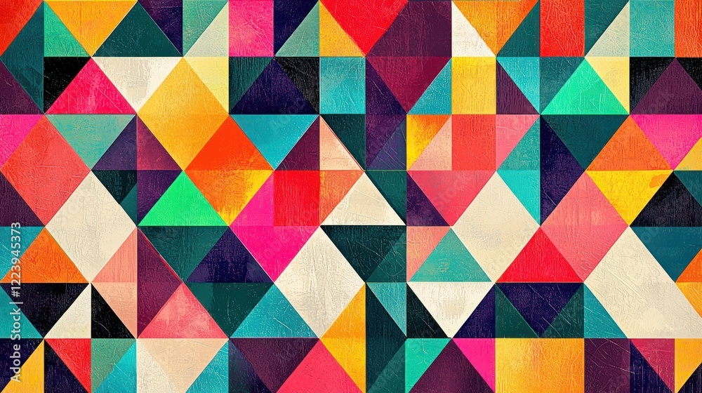 A vibrant geometric pattern of triangles and squares in bold colors