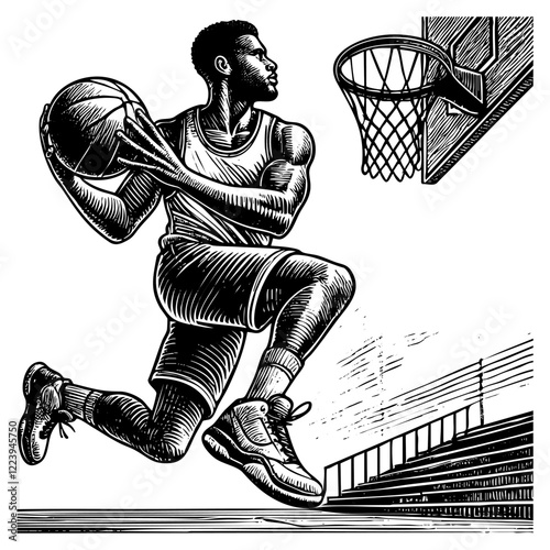 Basketball player slam dunk engraving black and white outline. Scratch board imitation.  illustrated in vintage line art style on a white background.