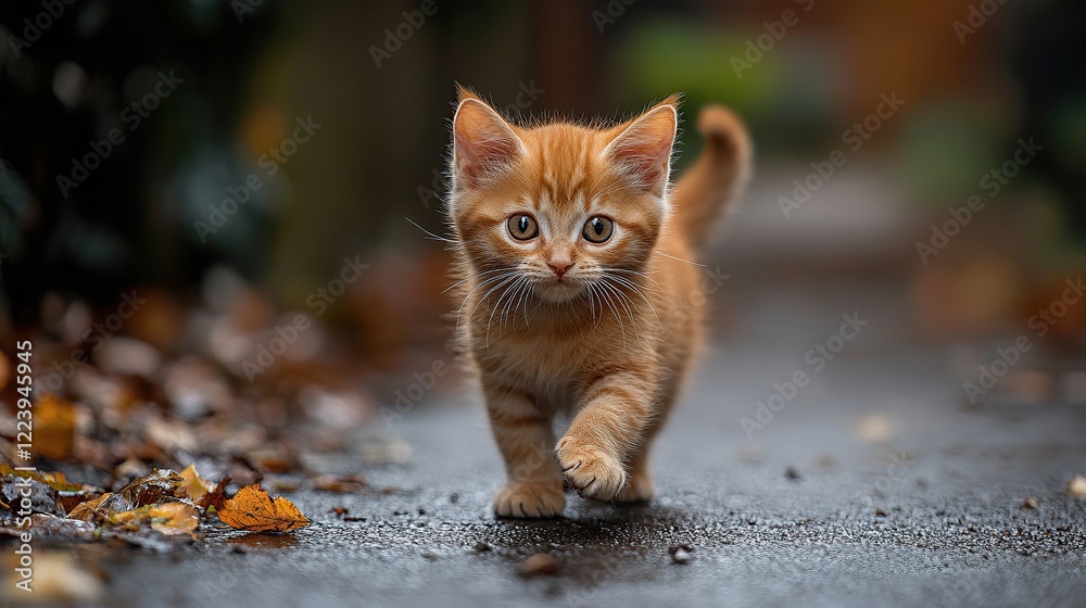 Ginger kitten walking autumn path, leaves background Ginger kitten walking autumn path, leaves background