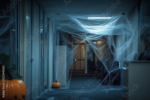 Spooky office hallway decorated with cobwebs and pumpkins for Halloween. Ideal for Halloween, spooky season, or office party themes. photo