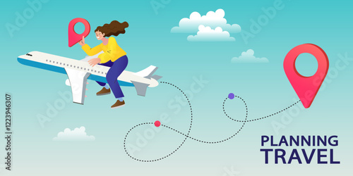 Travel planning and adventure concept. A happy woman rides an airplane, following a map route from one location pin to the final destination. Vector for a flight booking website or travel agency.