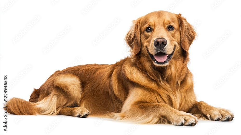 Golden Retriever lying, happy, studio, white background, pet adoption Golden Retriever lying, happy, studio, white background, pet adoption