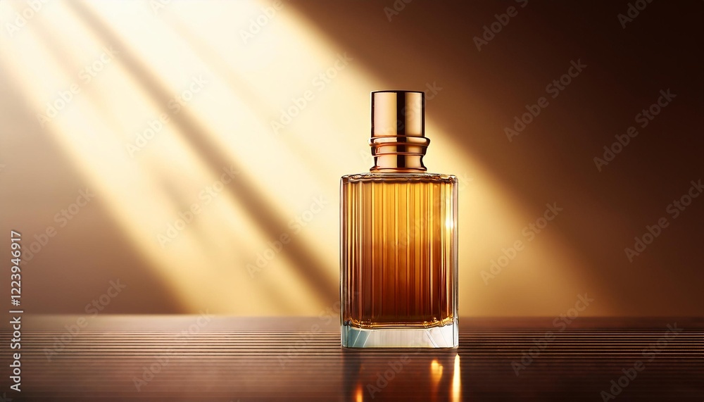 Elegant Blank Perfume Bottle Mockup with Brown Liquid in a Warm Temperature. Perfume with Gold Background and Natural Daylight. Elegant Blank Perfume Bottle Mockup with Brown Liquid in a Warm Temperature. Perfume with Gold Background and Natural Daylight.
