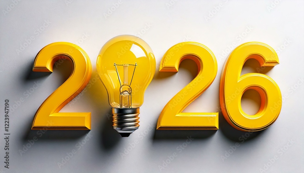 yellow light bulb and year numbers 2026 on white background, yellow light bulb and year numbers 2026 on white background,
