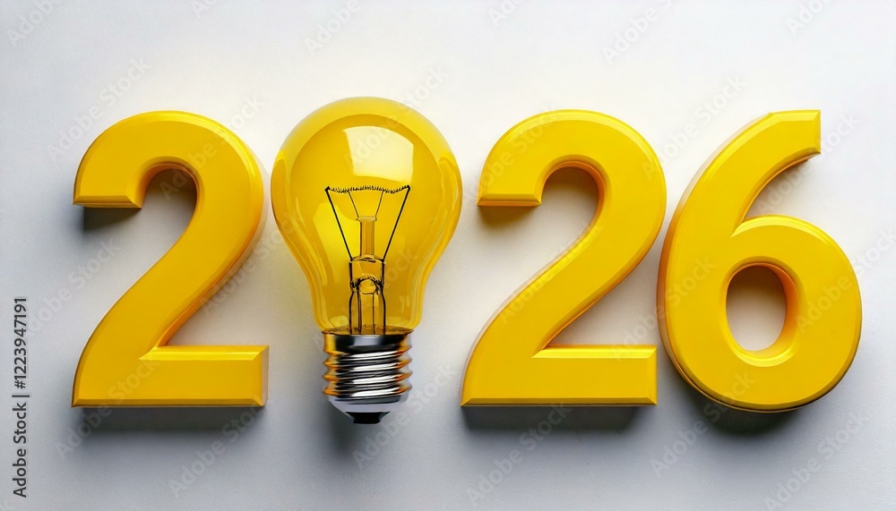 yellow light bulb and year numbers 2026 on white background, yellow light bulb and year numbers 2026 on white background,